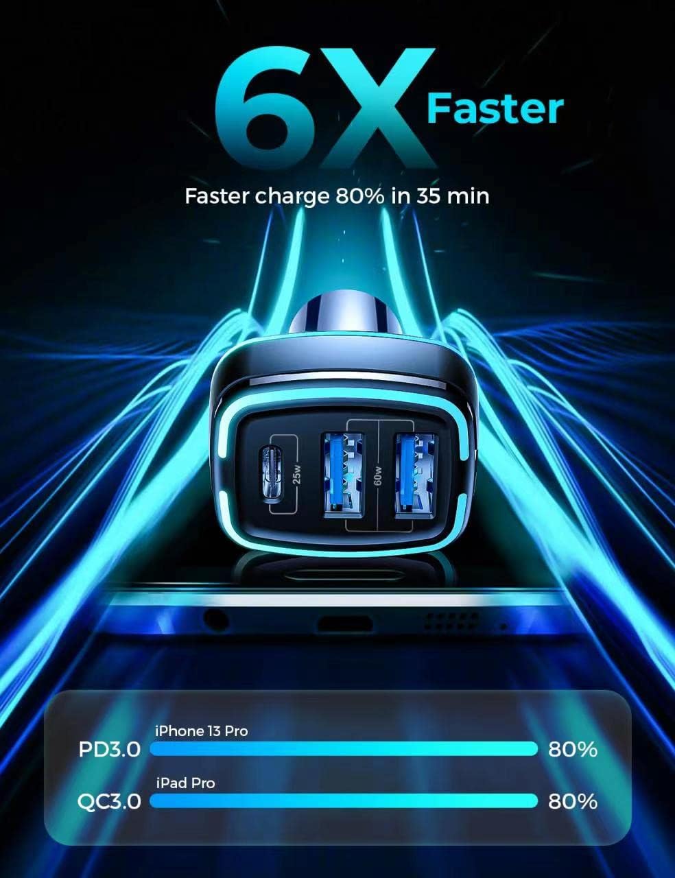 Cargador de coche USB C, cargador rápido WORDIMA de 85 W, 3 puertos, adaptador para encendedor de cigarrillos, compatible con iPhone 15, 14, 13, 12