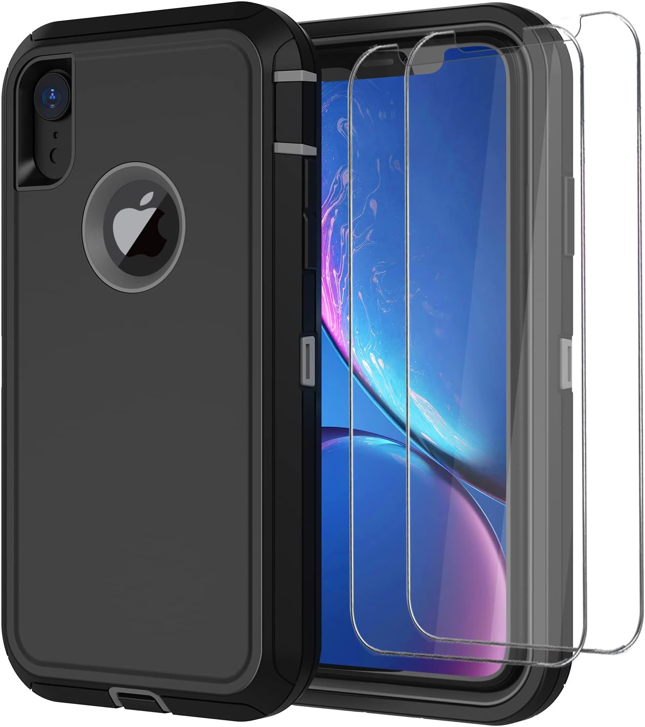 Funda para iPhone XR con 2 protectores de pantalla, resistente a los golpes, a prueba de caídas, a prueba de polvo, protección militar de 3 capas,