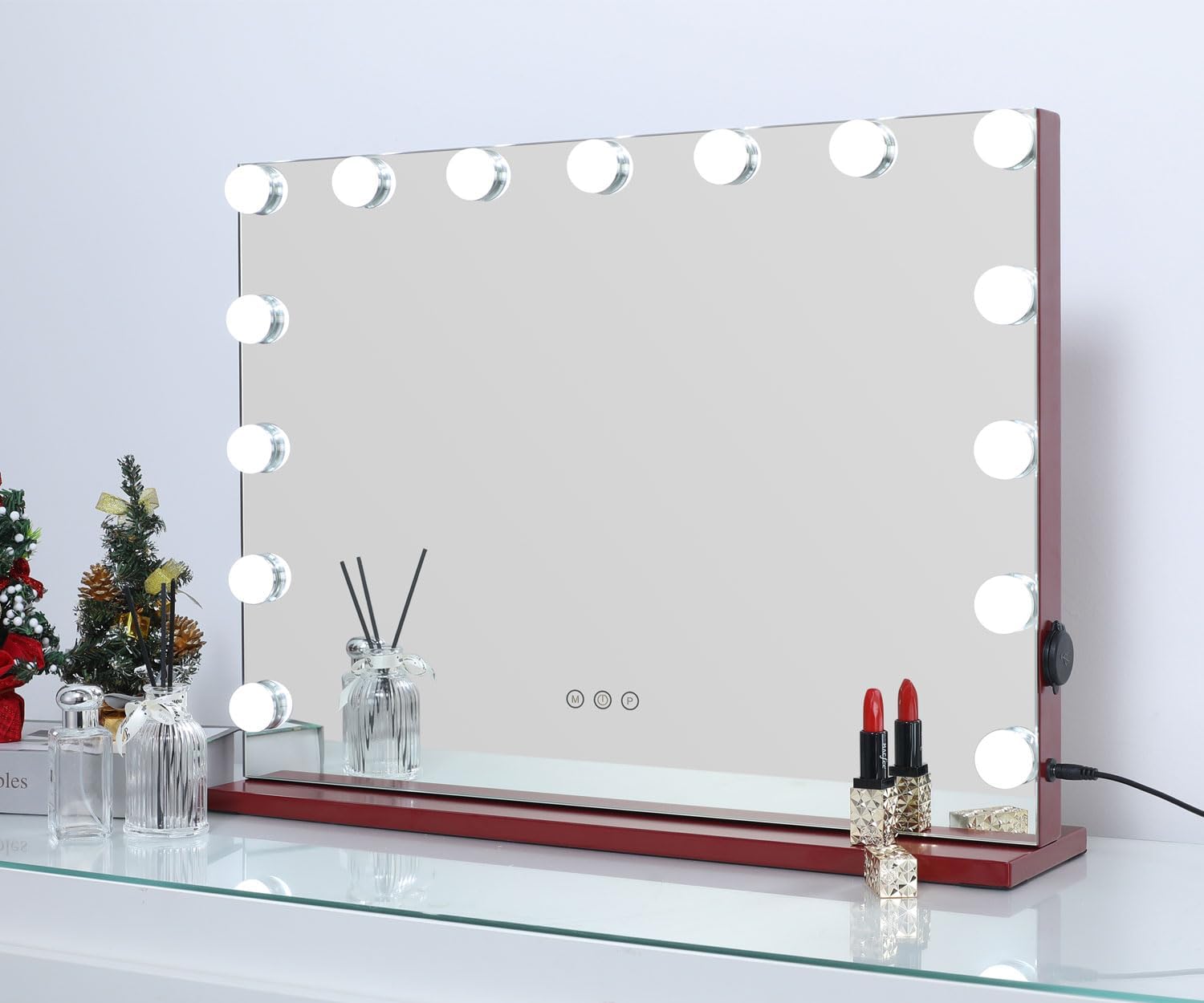 AMST Hollywood Espejo de tocador con luces, espejo de maquillaje iluminado con 15 bombillas LED regulables, espejo cosmético montado en la mesa o en