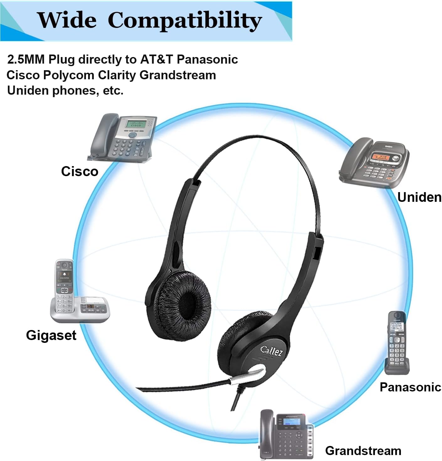 Call Center – Auriculares de teléfono de 0.098 in con micrófono con cancelación de ruido, teléfono fijo con control de volumen para AT&T ML17929