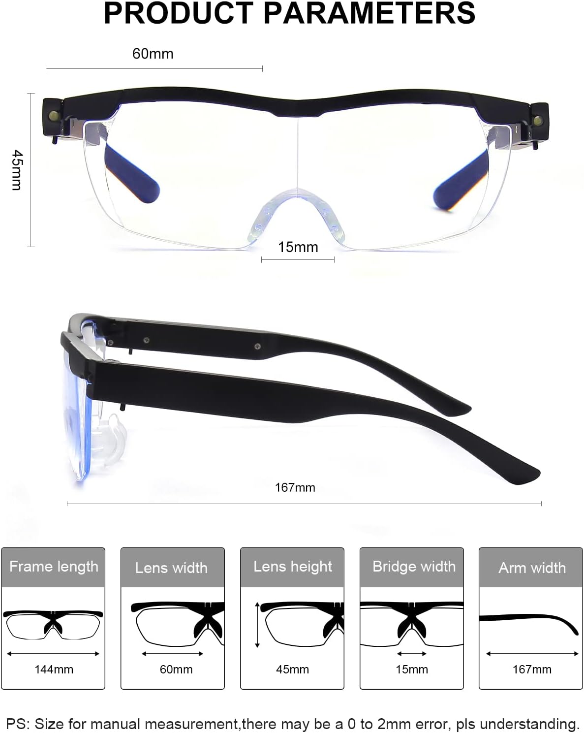 200% lupa con luz, anteojos de aumento recargables con luz LED, luz anti azul, lupa manos libres para trabajo cercano, manualidades, joyeros,