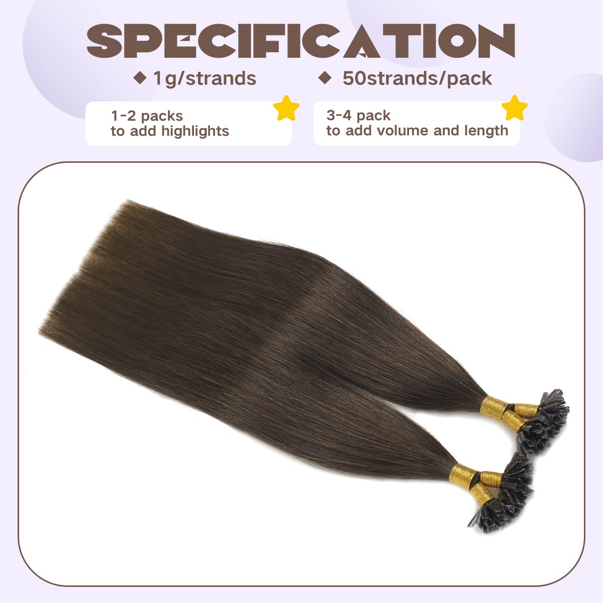 Sindra Puntas de extensiones de uñas, cabello humano real, color marrón oscuro, 18 pulgadas, 50 hebras, 1.76 oz, queratina en U, extensiones de