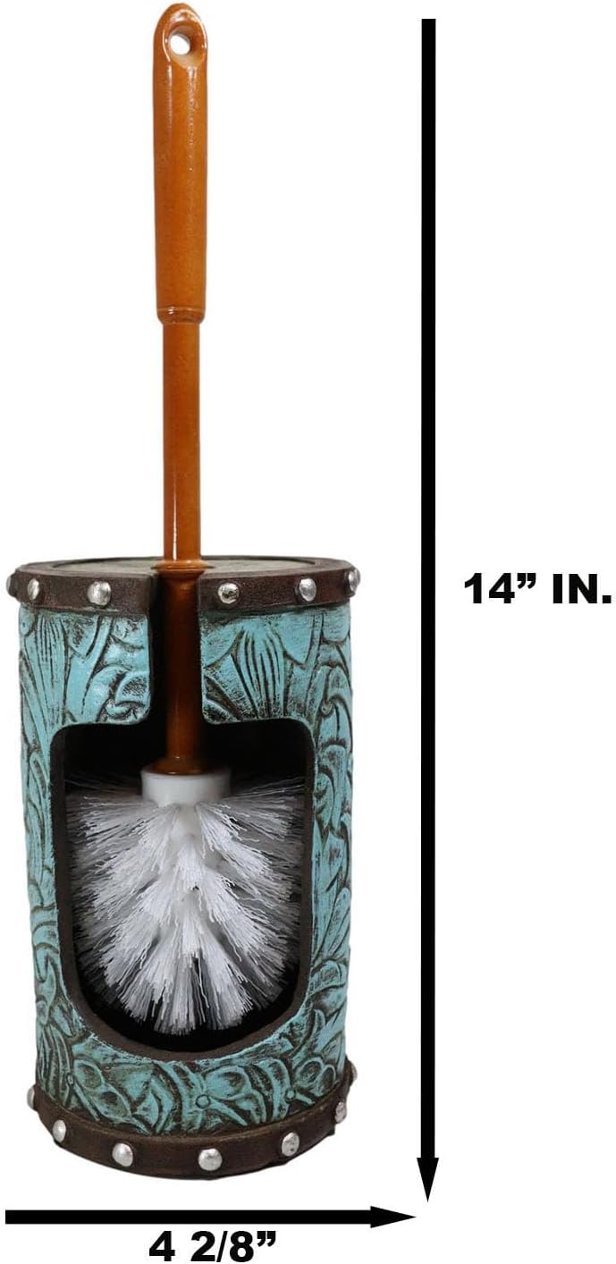 Ebros Gift Juego de 2 piezas para limpiar el inodoro con diseño floral de cuero sintético turquesa occidental rústico vintage y soporte para base