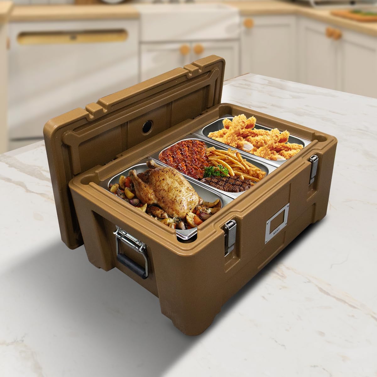 Transportador aislado para alimentos, caja caliente de 32 cuartos  30 L para catering, calentadores de sopa comerciales con 3 sartenes de acero