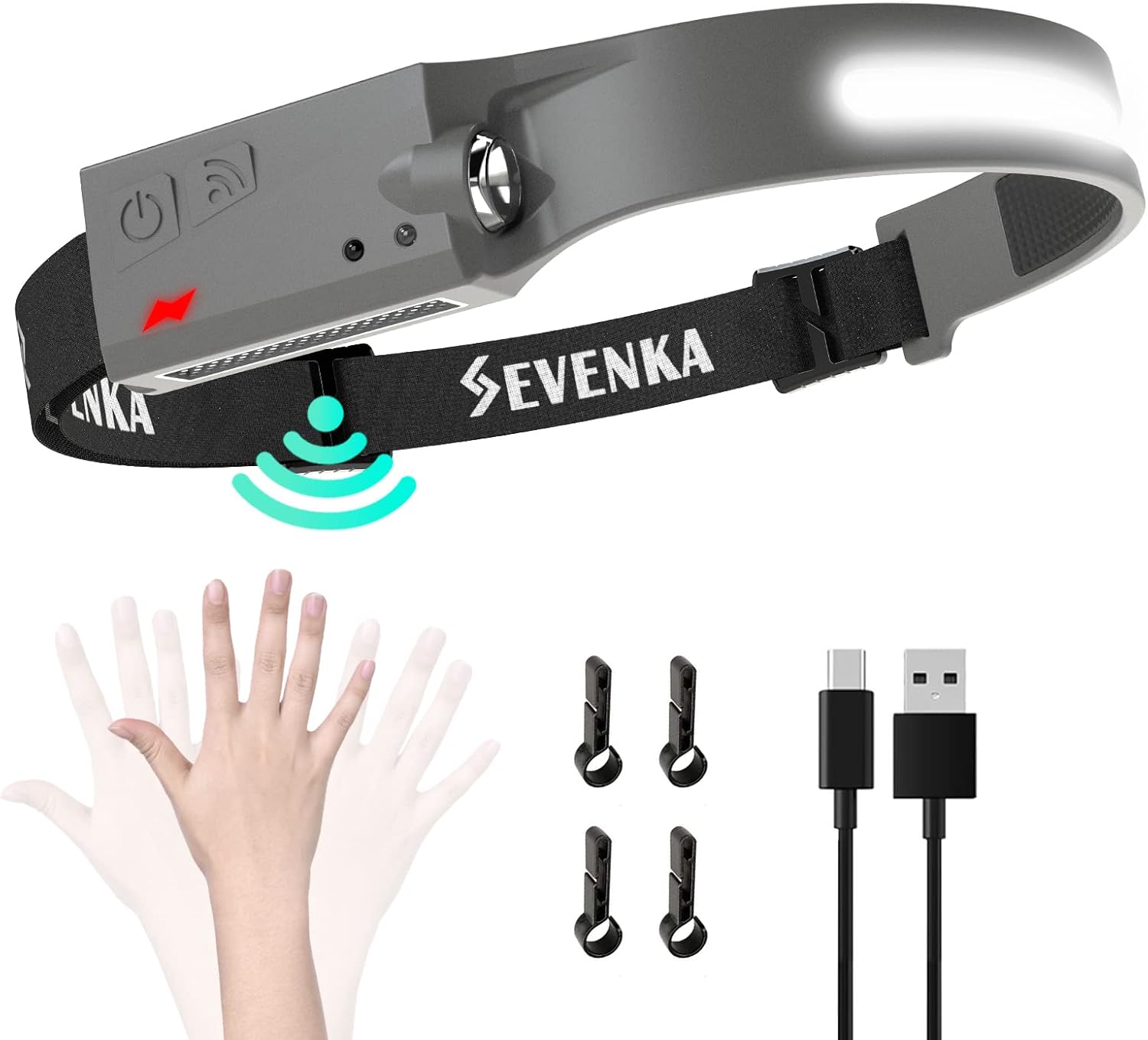 SEVENKA – Linterna frontal recargable LED, luz frontal LED brillante de 230, luz de cabeza con modo sensor, lámpara de cabeza ligera de 2.4 onzas