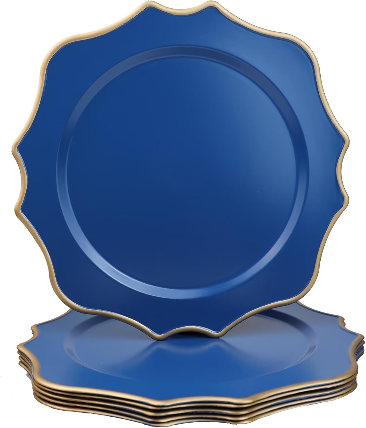 Omuriko Cargadores azules para platos llanos, 13 pulgadas de plástico festoneado, juego de 6 platos decorativos para servicio de carga, para bodas,