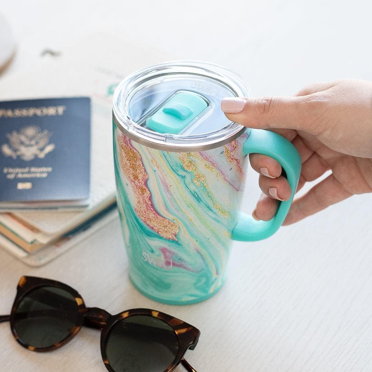 Swig – Taza de viaje de 18 onzas, vaso aislado con asa y tapa, apto para vasos, apto para lavavajillas, taza de café aislada de acero inoxidable con