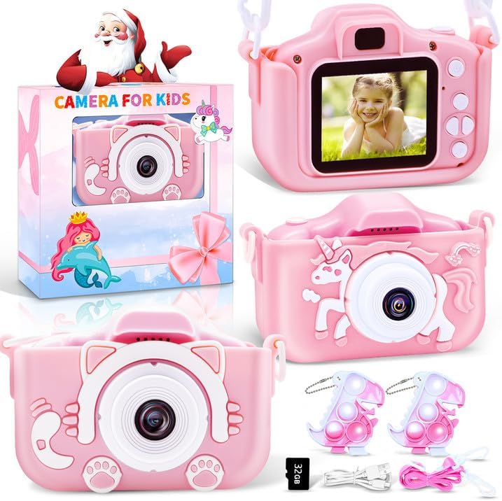 Cámara para niños, juguetes de cámara para niños, 2 fundas protectoras de silicona para cámara digital HD, regalos de cumpleaños para niños y niñas