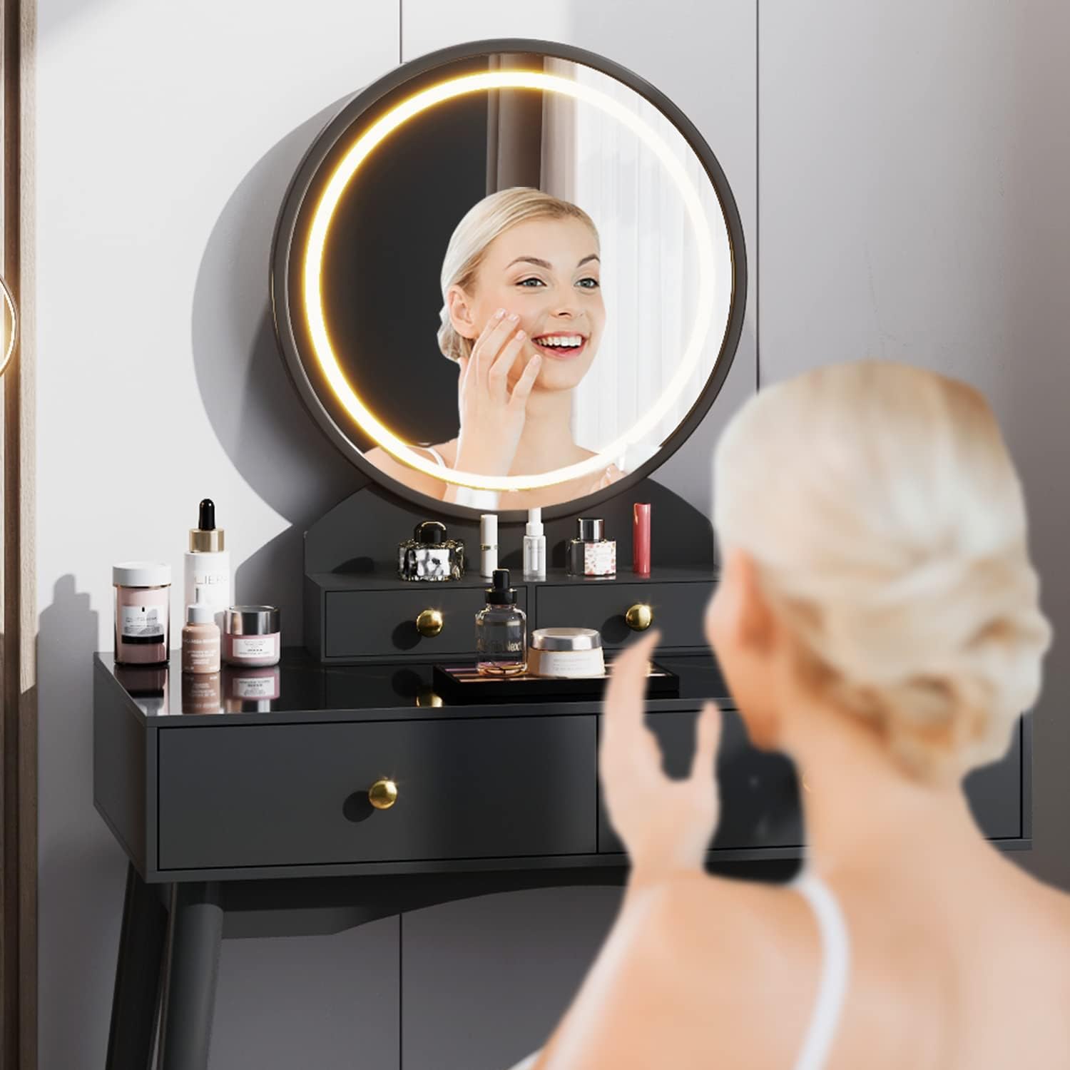 Furmax Juego de tocador de tocador de maquillaje con espejo iluminado con escritorio moderno, taburete acolchado suave, 4 cajones de almacenamiento,