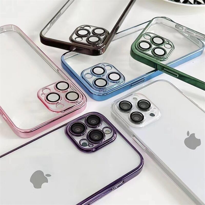 Funda chapada para iPhone 15 Pro Max de 6.7 pulgadas, parte trasera de TPU transparente, lindo marco galvanizado de lujo con protector de lente de