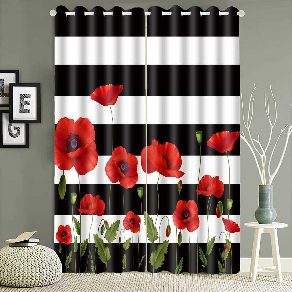 CLOKEO0343 – Cortina de amapola con diseño de flores rojas, rayas blancas y negras, para oscurecer la habitación, con aislamiento térmico y ojales,