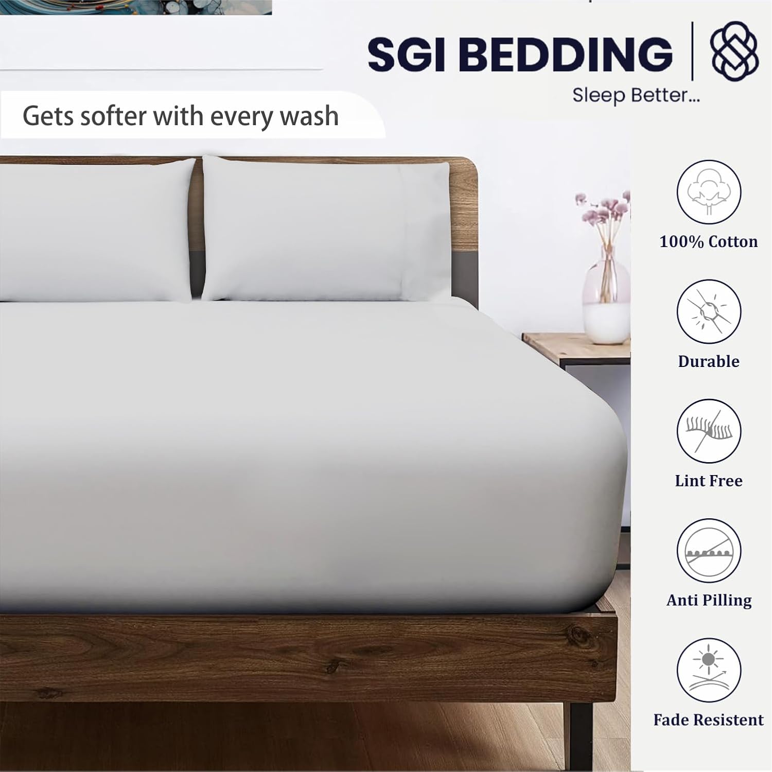 SGI bedding Sábana bajera ajustable 100% de algodón egipcio de 600 hilos, tamaño matrimonial XL, tejido de satén suave y suave de 15 pulgadas de