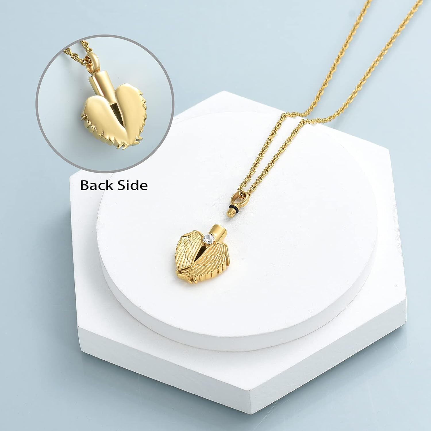 shajwo Collar de urna de corazón para cenizas para mujer, colgante conmemorativo de ala de ángel, recuerdo de piedra natal