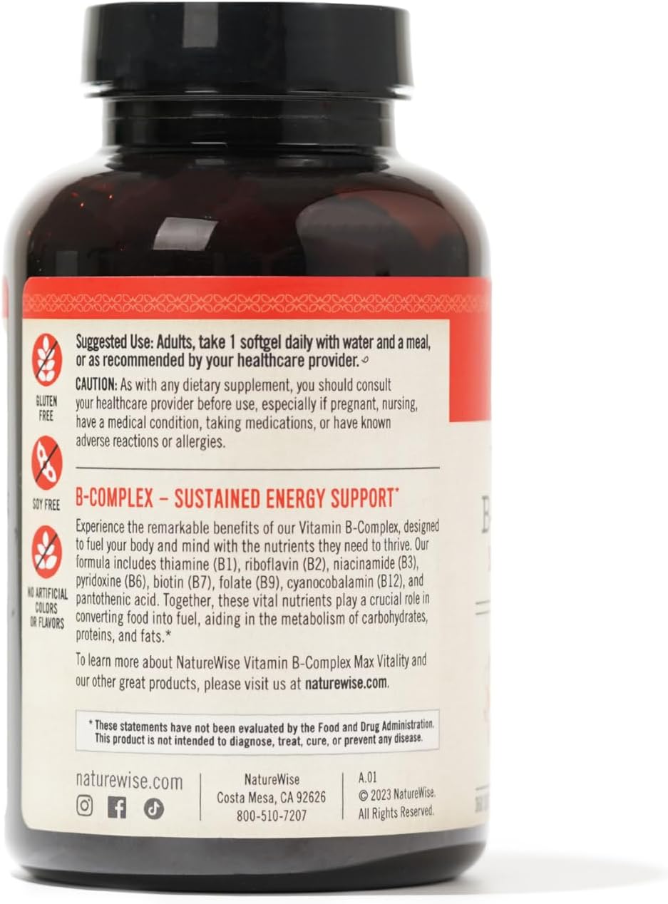 NatureWise Complejo de vitamina B para mujeres y hombres  con ácido fólico biotina B1 B2 B3 B6 B12  Apoya la energía celular y la claridad mental