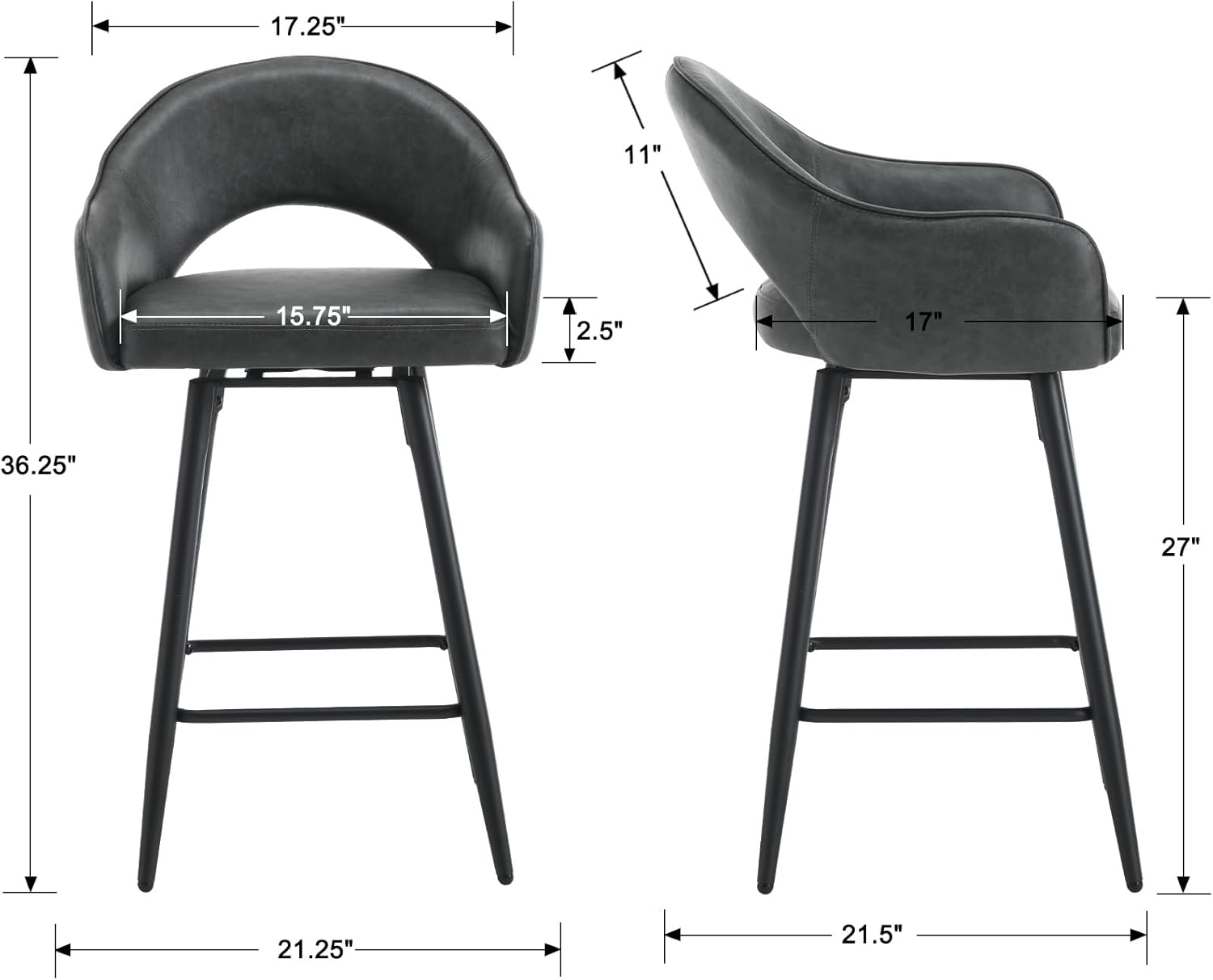 Juego de 2 taburetes de bar giratorios modernos, de 27 pulgadas, tapizados de poliuretano, altura de mostrador, con patas de metal, respaldo hueco