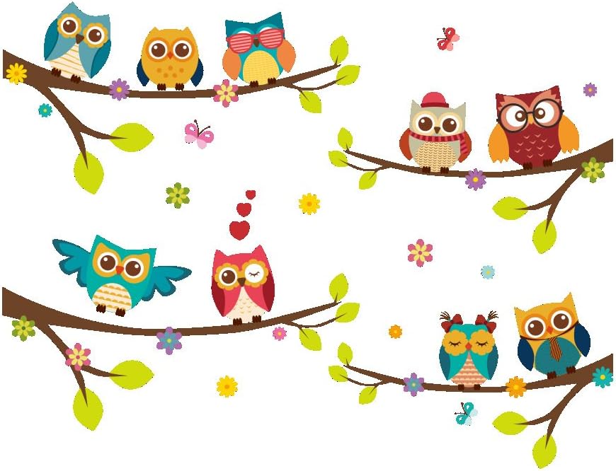 Calcomanías de pared extraíbles de dibujos animados de 9 búhos familiares en ramas de árbol, mural despegar y pegar, decoración del hogar para tus