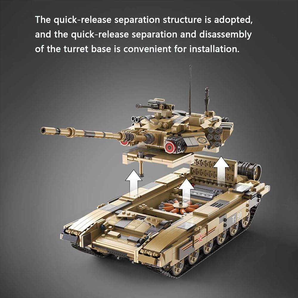 Juego de bloques de construcción de tanque del ejército, la Segunda Guerra Mundial, modelo militar ruso T90 de tanque de batalla principal con 3