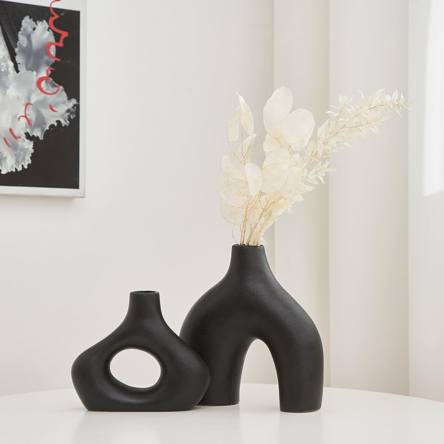 Juego de 2 jarrones de cerámica negra para decoración moderna del hogar, jarrones redondos mate para hierba de las pampas, jarrones de flores