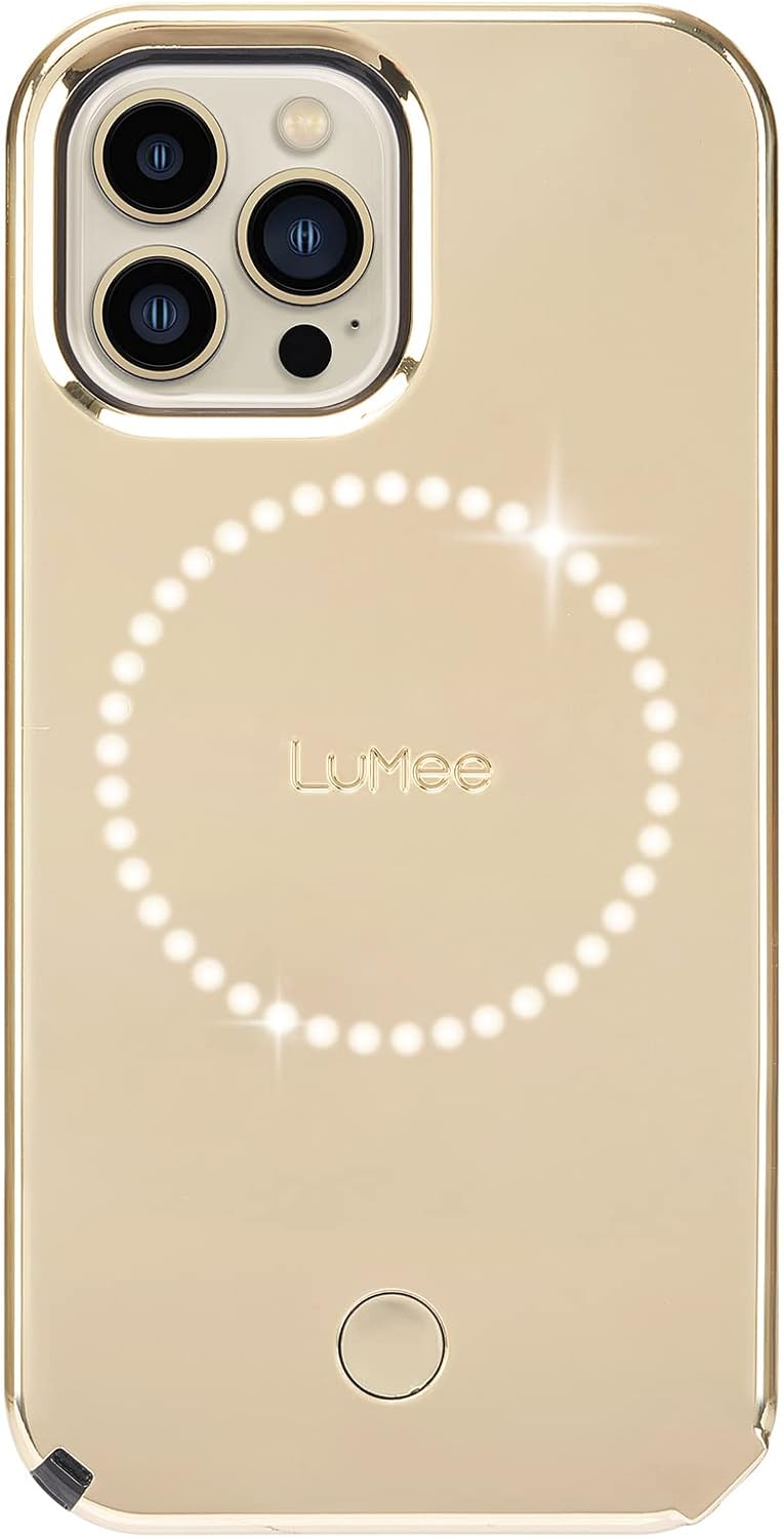 LuMee Halo – Funda iluminada para selfie para iPhone 13 Pro Max – Iluminación LED ajustable incorporada – 6.7 pulgadas – Espejo dorado
