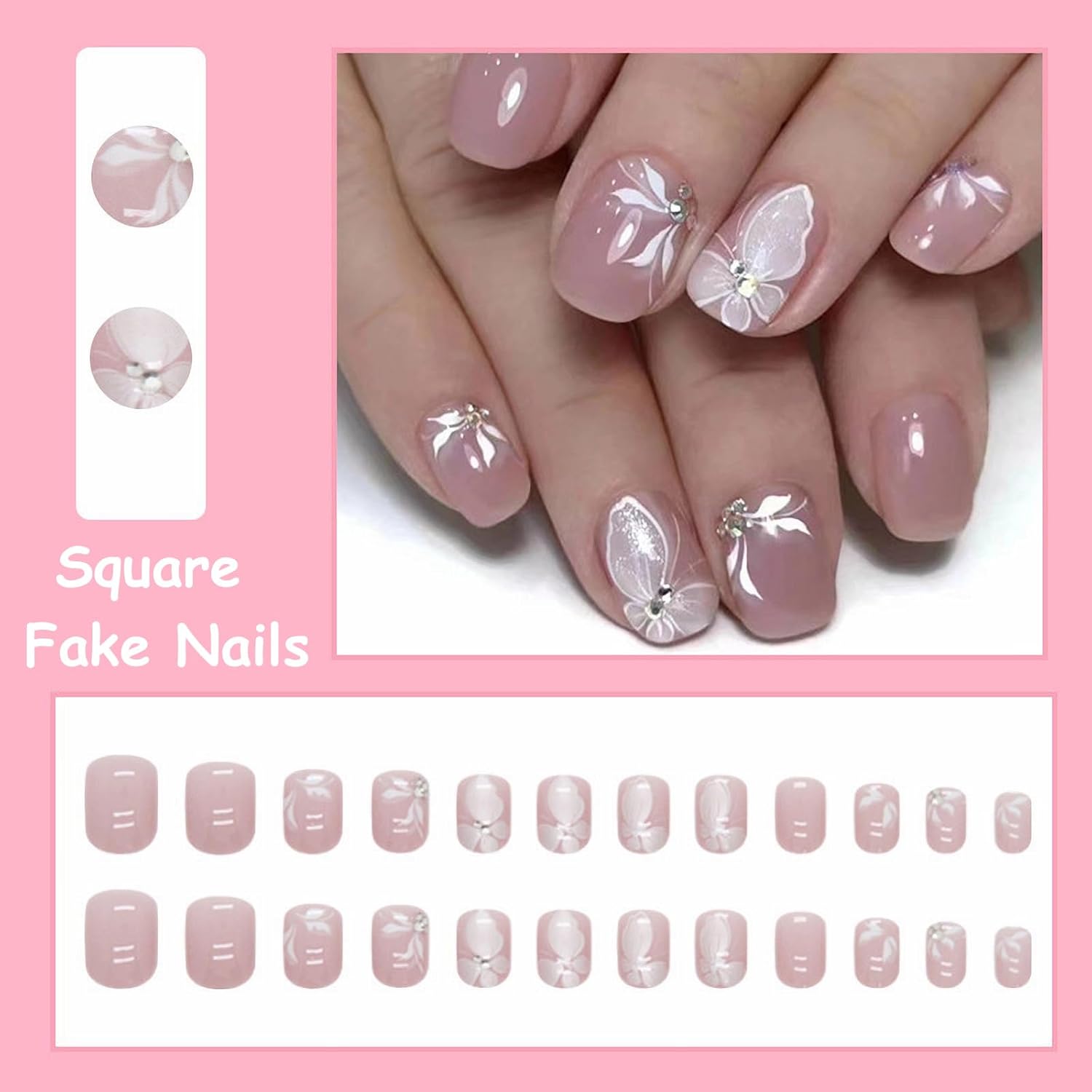 MISUD Uñas postizas cuadradas cortas a presión, uñas postizas cuadradas brillantes con pegamento en uñas cuadradas, uñas acrílicas cromadas, uñas