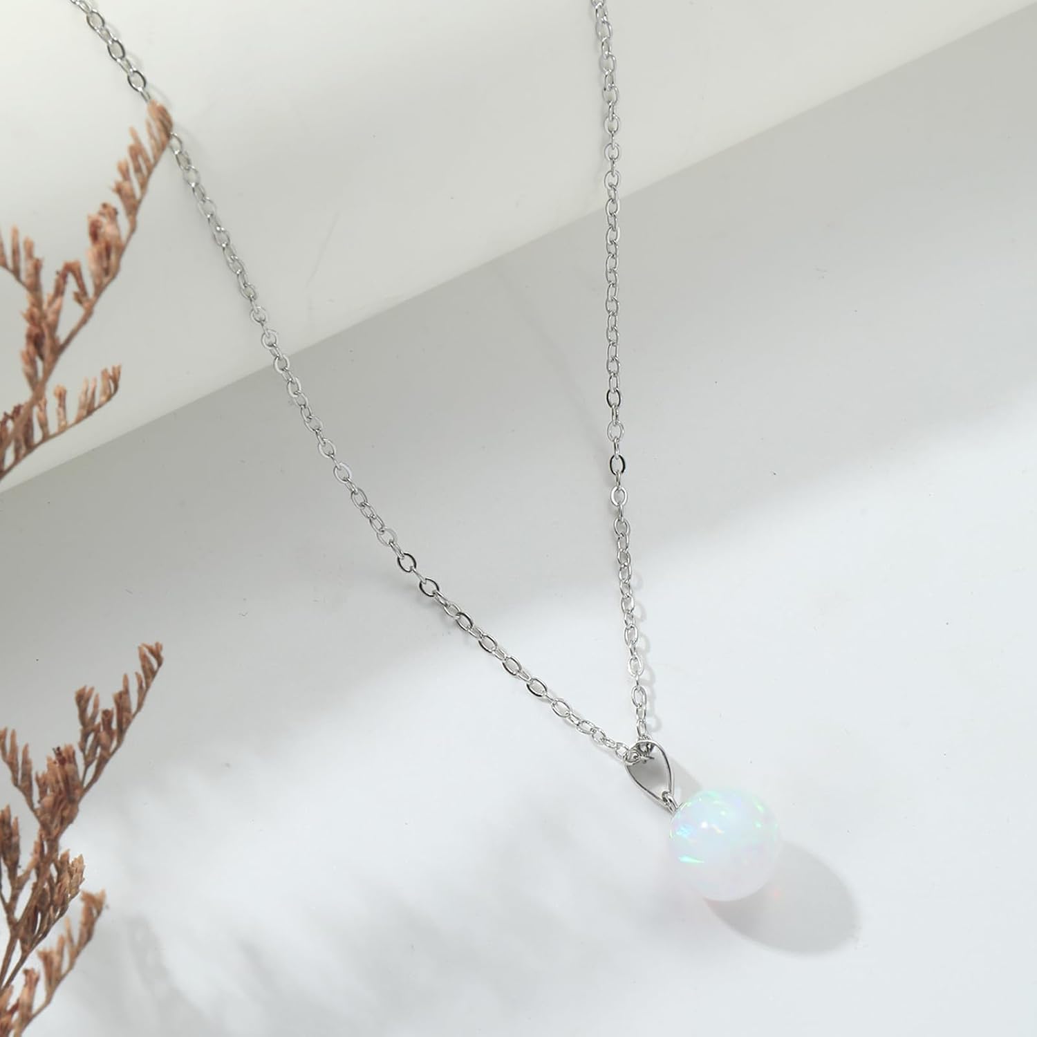 Sterling Silver Opal Necklace for Women Dainty 10mm Round White Opal Necklaces Handmade Opal Jewelry for Women