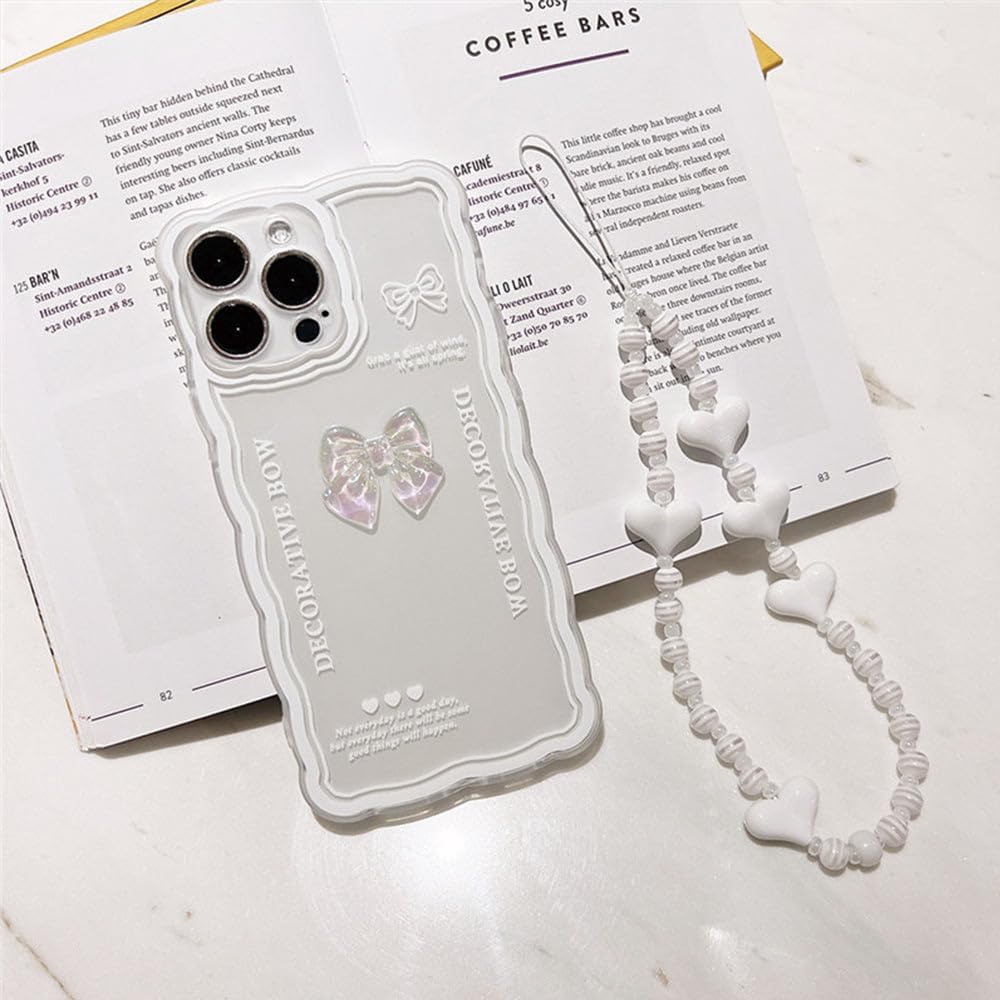 Casechics Funda compatible con iPhone, bonita pajarita de cristal 3D, forma de onda rizada con correa de pulsera de corazón, cadena, transparente,