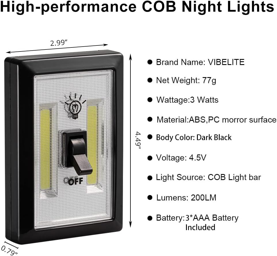 Interruptor de luz nocturna LED, 12 baterías en total incluidas, interruptor LED COB inalámbrico de 200 lúmenes, debajo del gabinete, estante,