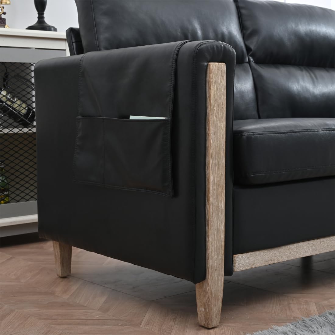 Sofá de 3 plazas de piel sintética, asiento profundo con bolsillo lateral de almacenamiento y patas de madera de goma, montaje sin herramientas,