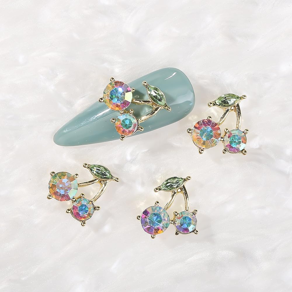 36 piezas de diamantes de imitación de uñas brillantes de cerezo, 3D dorado y plateado, dijes de uñas de cereza, bonitos dijes de uñas para mujeres