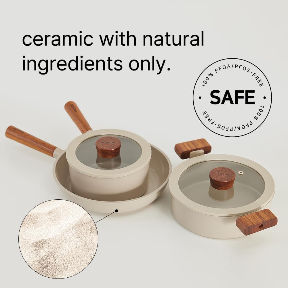 dogado Sartén orgánica y olla con mango de madera, utensilios de cocina de cerámica antiadherentes, sartén multiusos, beige arena (cacerola)