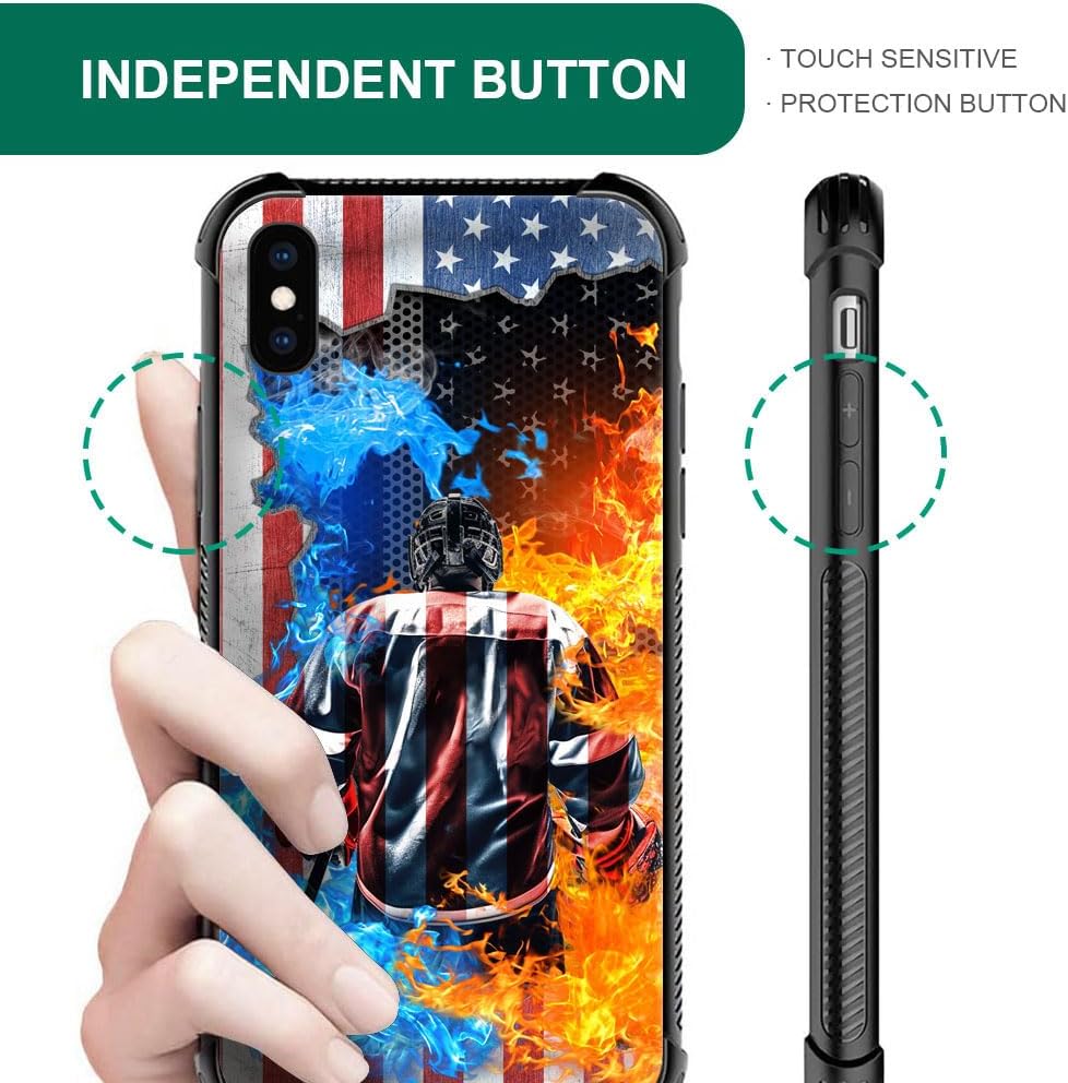 HENOK Funda compatible con iPhone XXs, funda clásica de hockey con bandera estadounidense de hielo y fuego con protección a prueba de golpes y