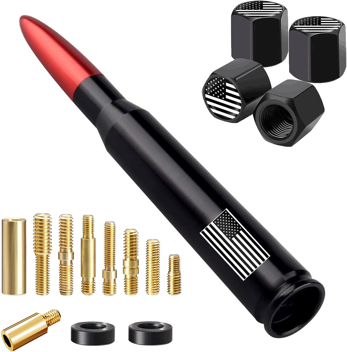 Antena de coche con la bandera estadounidense con tapas de vástago de válvula, mástil de antena universal para GM Chevy Silverado 1500 2500 3500 HD