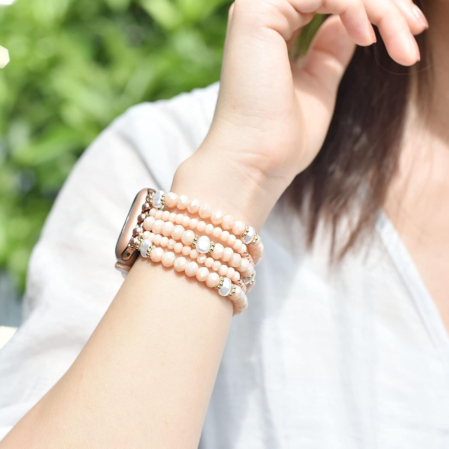 V-MORO Beaded Bracelet Compatible with 41mm40mm38mm,45mm44mm42mm49mm(ultra) Women Apple Watch Bands Natural Pearl Beads Handmade Elastic Stretch