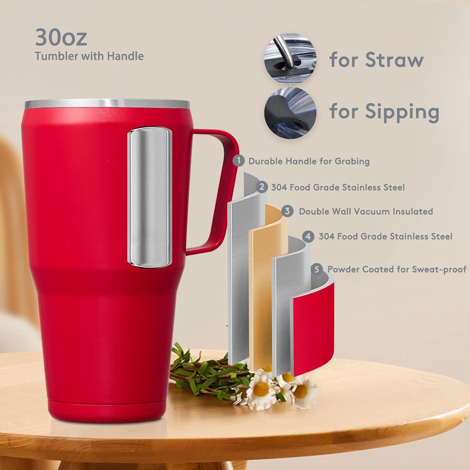 JEAREY Vaso de 30 onzas con asa, vaso de acero inoxidable con tapa y popote, vaso aislado de viaje para bebidas calientes y bebidas frías, vasos