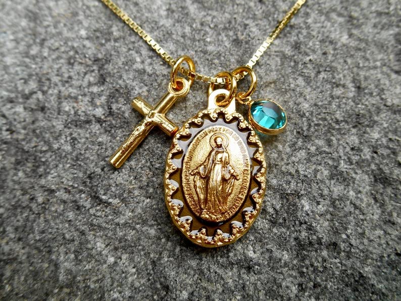 Gold Tone Miraculous Medal -20″ Gold Plated 925 Sterling Silver Box Chain, Tiny Crucifix Charm, Personalized Crystal Birthstone Confirmation Gift