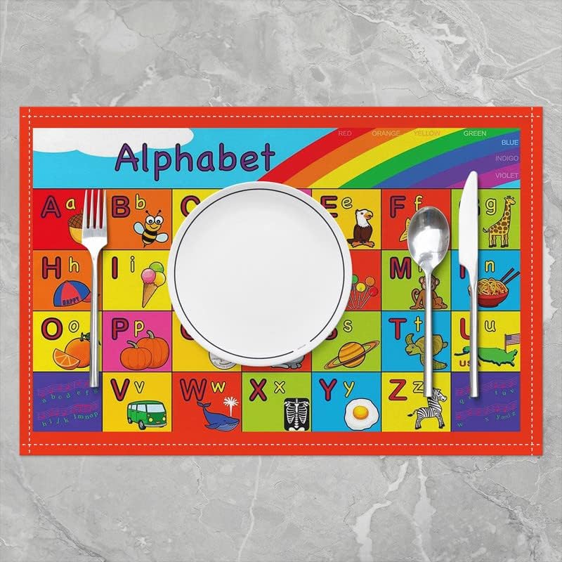 Juego de 4 manteles individuales para mesa del alfabeto inglés, manteles individuales de tela de animales de dibujos animados para niños, lindos