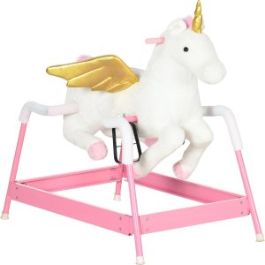 Qaba Caballo mecedor de primavera, para niños de 5 a 12 años, juguete con sonido, diseño de unicornio, rosa Qaba Caballo mecedor de primavera, para niños de 5 a 12 años, juguete con sonido, diseño de unicornio, rosa