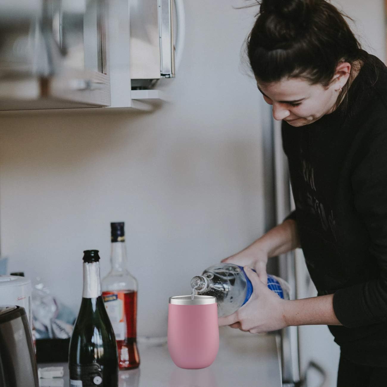 Meway – Vaso de vino con tapa de 12 onzas, sin tallo, doble pared, al vacío, de acero inoxidable, para viajes, mantiene el frío y el calor, para