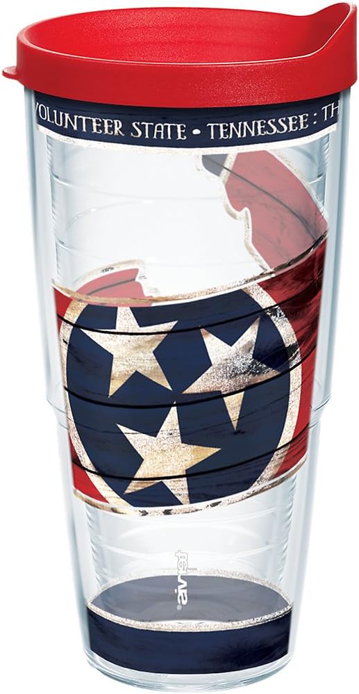 Tervis Vaso de contorno de la bandera del estado de Tennessee con envoltura y tapa roja, 24 onzas, transparente