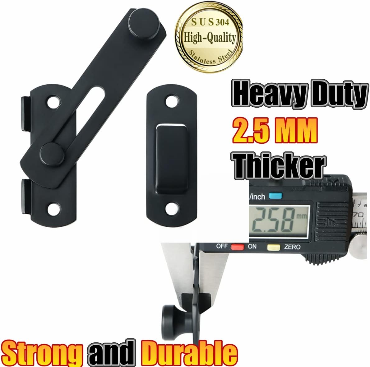 Alise Cerradura de puerta de seguridad para valla de madera de granero MS9500-B, acero inoxidable SUS304 resistente, negro mate