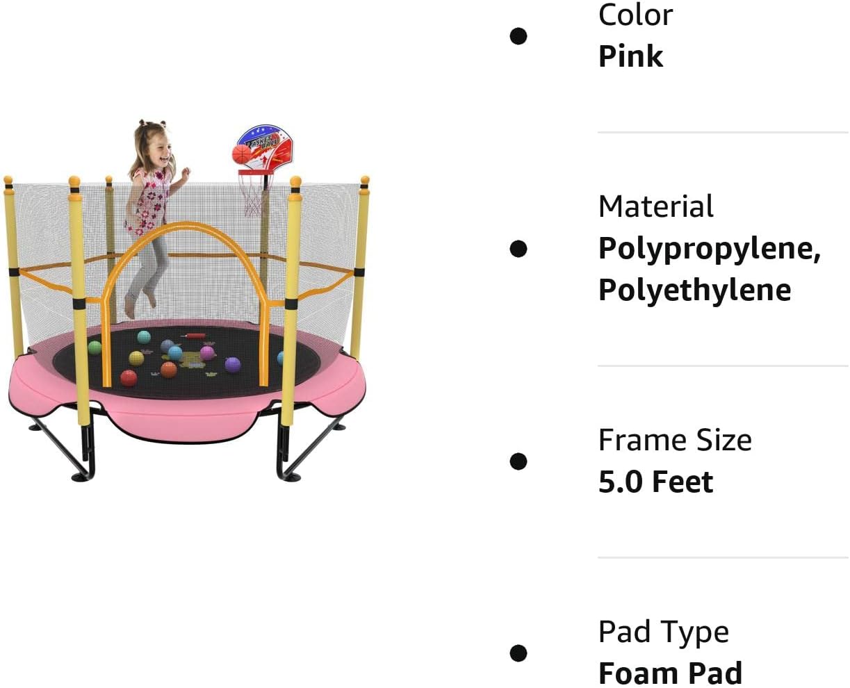 Kawuneeche Trampolín de 5 pies para niños pequeños con red de seguridad, mini aro de baloncesto, tapete de salto para equipo de entretenimiento en
