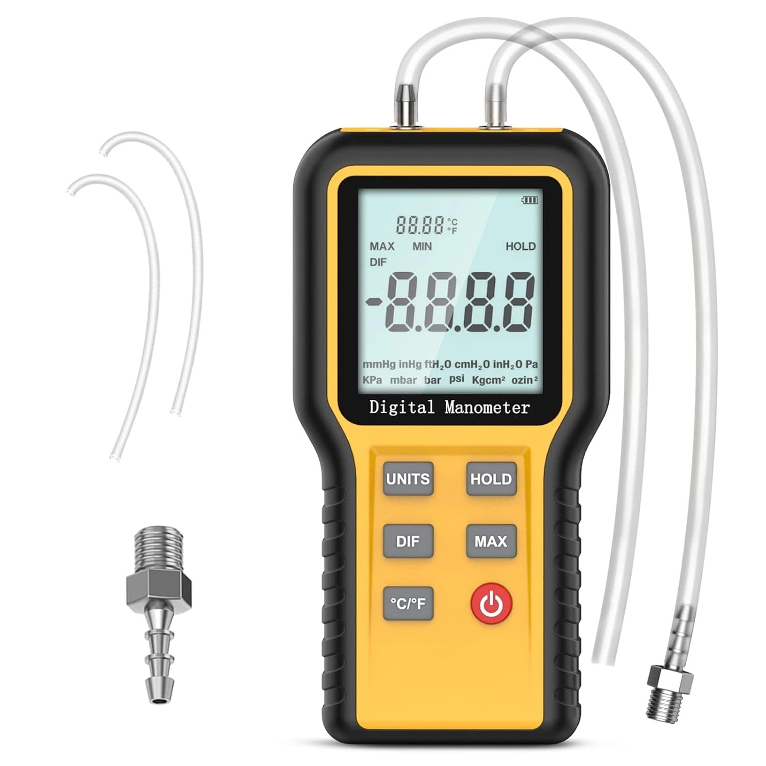 Manómetro, Medidor de presión de aire profesional, Probador de presión de gas de manómetro digital HVAC de doble puerto, 12 unidades seleccionables