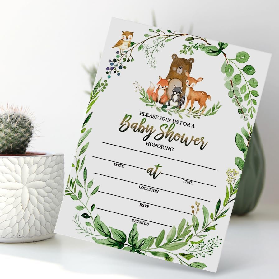 25 invitaciones para baby shower de bosque con sobres, boletos para rifas de pañales y tarjetas de solicitud de libros, calcomanías de animales del