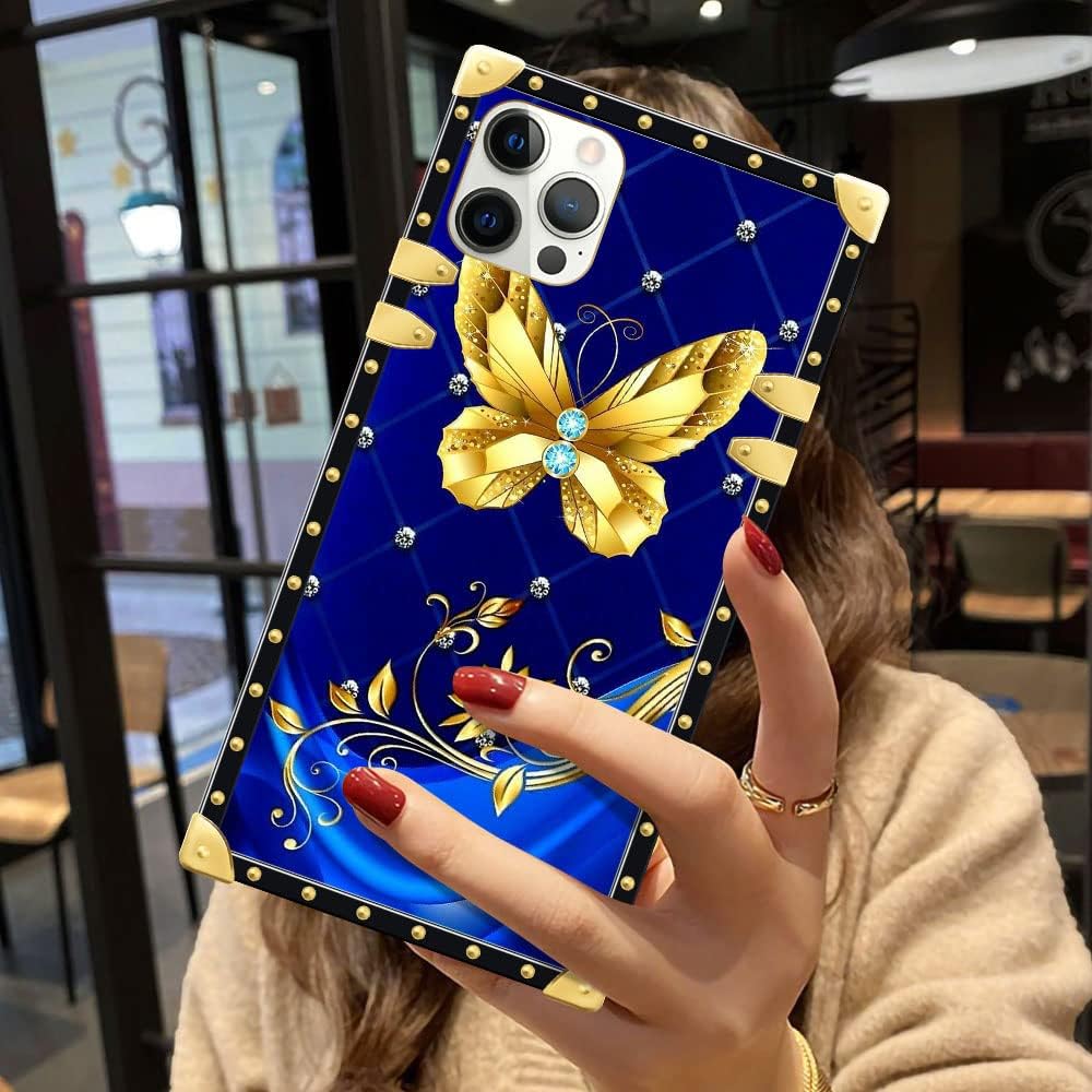 DAIZAG Funda compatible con iPhone 13 Pro Max, fundas con diseño de mariposa de diamante para niñas y mujeres, decoración de esquinas de metal retro