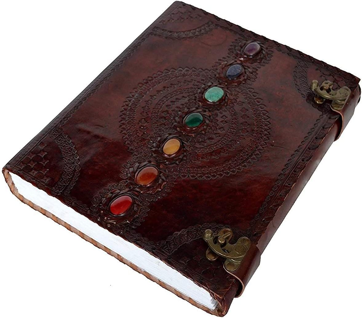 Tuzech Diario de cuero gigante con relieve de piedra medieval de siete chakras, cuaderno de sombras, cuaderno de oficina, diario Hocus Pocus, poesía