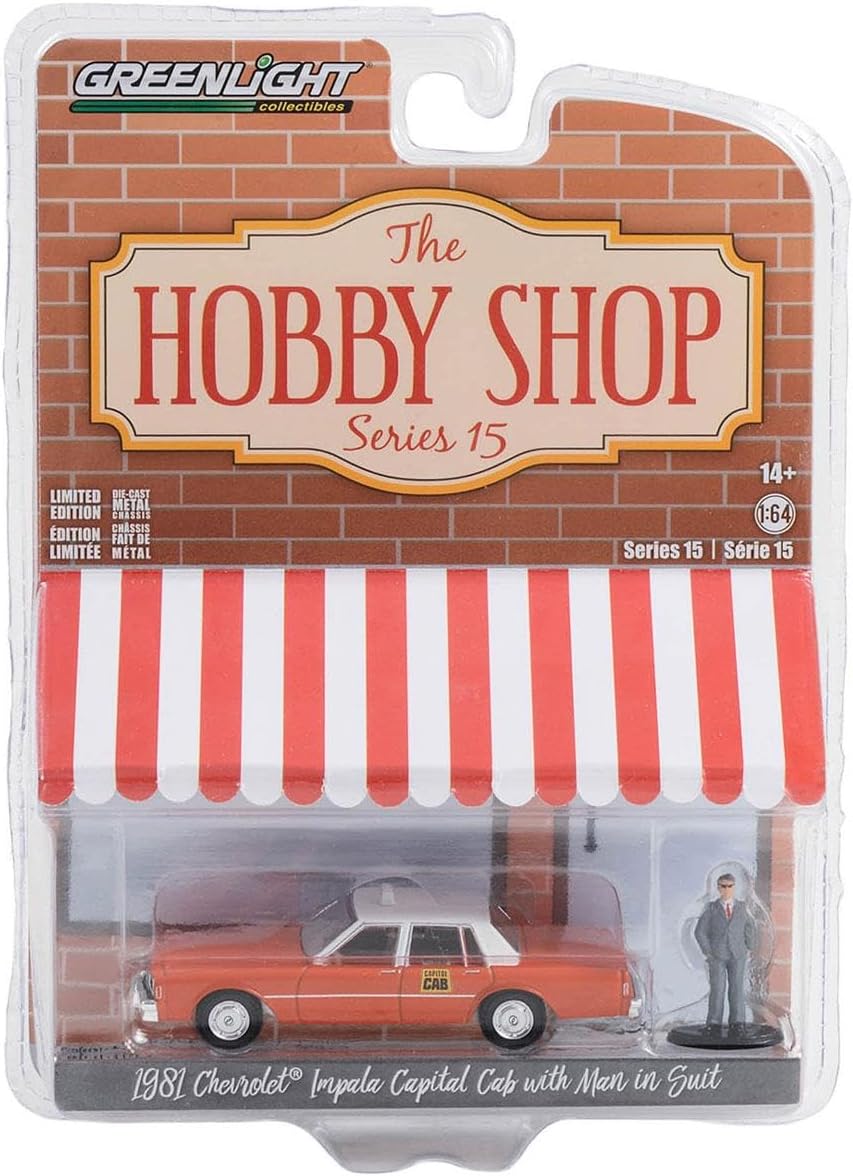 Greenlight 97150-B The Hobby Shop Series 15-1981 Chevy Impala Capitol Cab Taxi con Hombre en Traje Escala 164