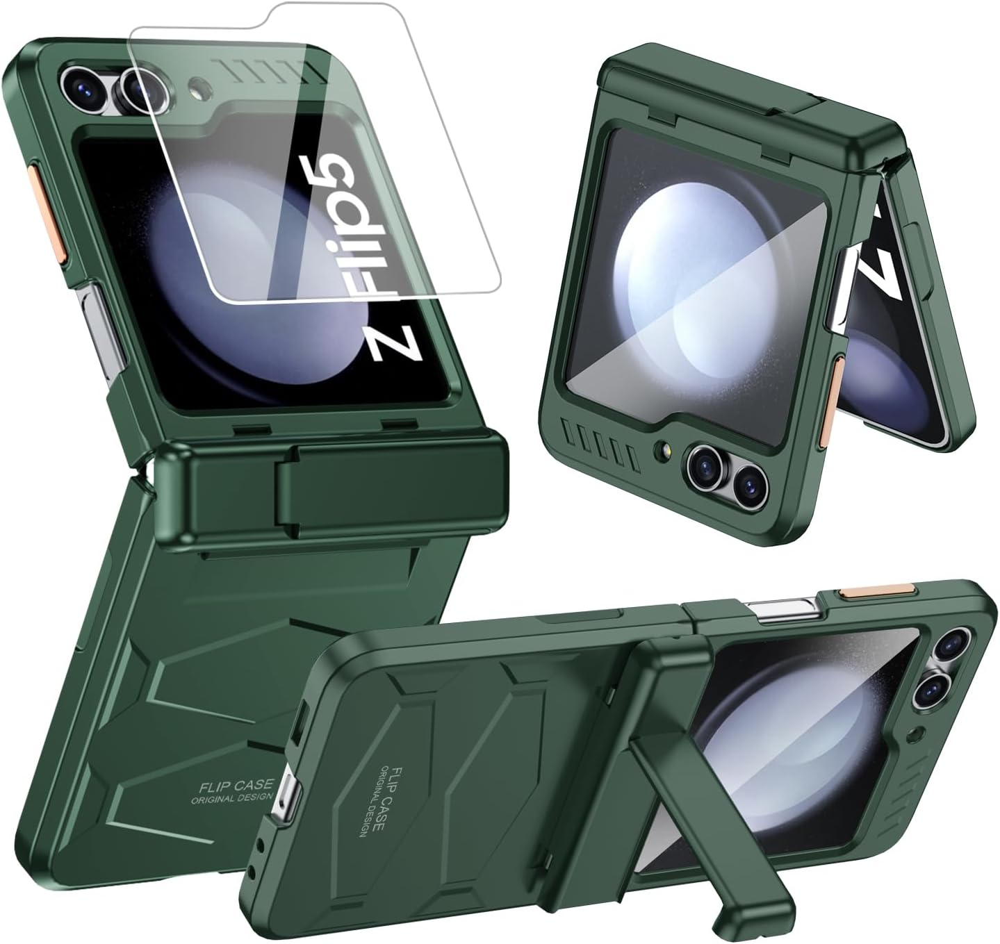 Funda para Samsung Galaxy Z Flip 5 con protección de bisagra y protector de pantalla pequeño integrado y soporte oculto de cuerpo completo,
