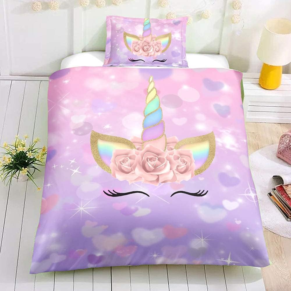 ADASMILE A & S Juego de ropa de cama de unicornio tamaño individual para niñas, juego de ropa de cama para niñas con estampado floral de corazón