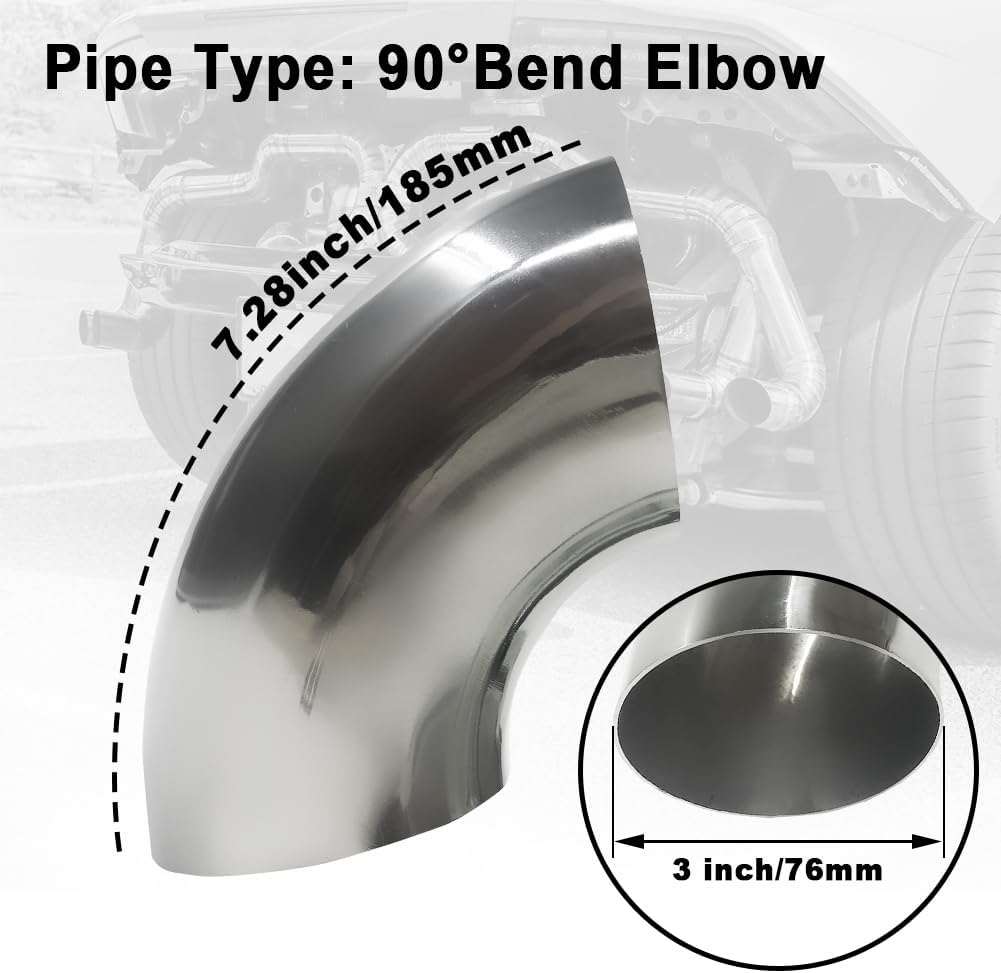 Tubo de codo de escape OD de 3 pulgadas y 90 grados (codo de curva de mandril) SS304 de acero inoxidable apto para codo de escape modificado de