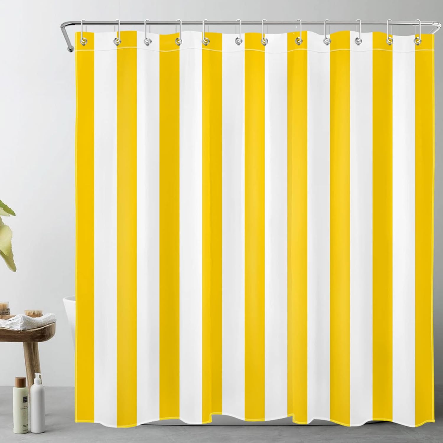 LB Yellow and White Shower Curtain for Bathroom, Modern Striped Bathroom Curtains Geometric Patterns Vertical Stripe Washable Polyester Fabric